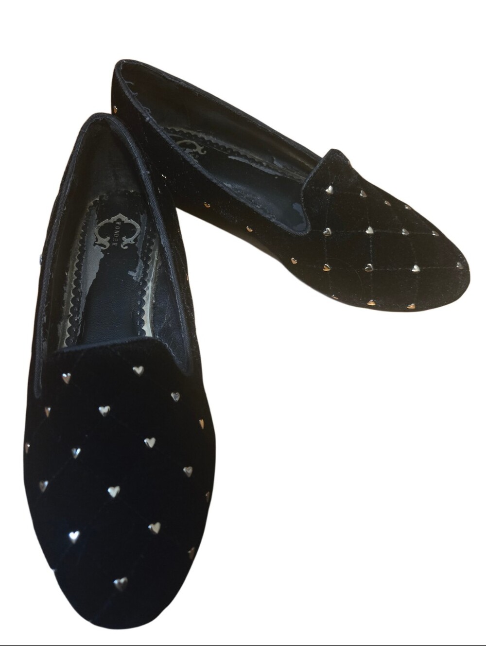 C. Wonder Black Velvet Quilted Loafers with Gold Heart Studs